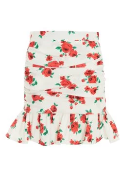 White Floral Ruched Mini Skirt
