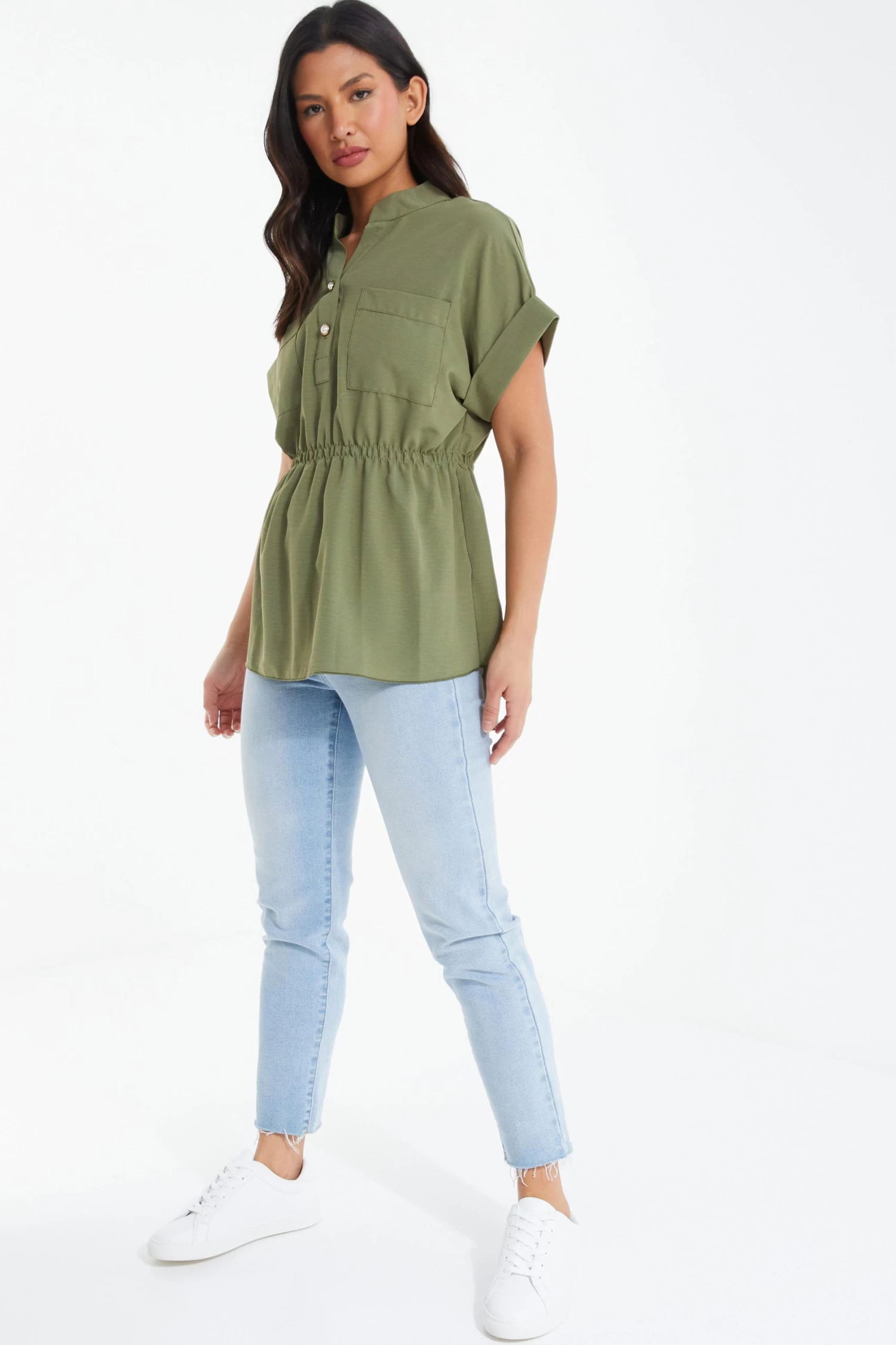 Khaki Button Ruched Blouse - Image 4