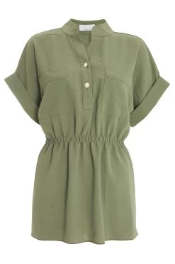 Khaki Button Ruched Blouse