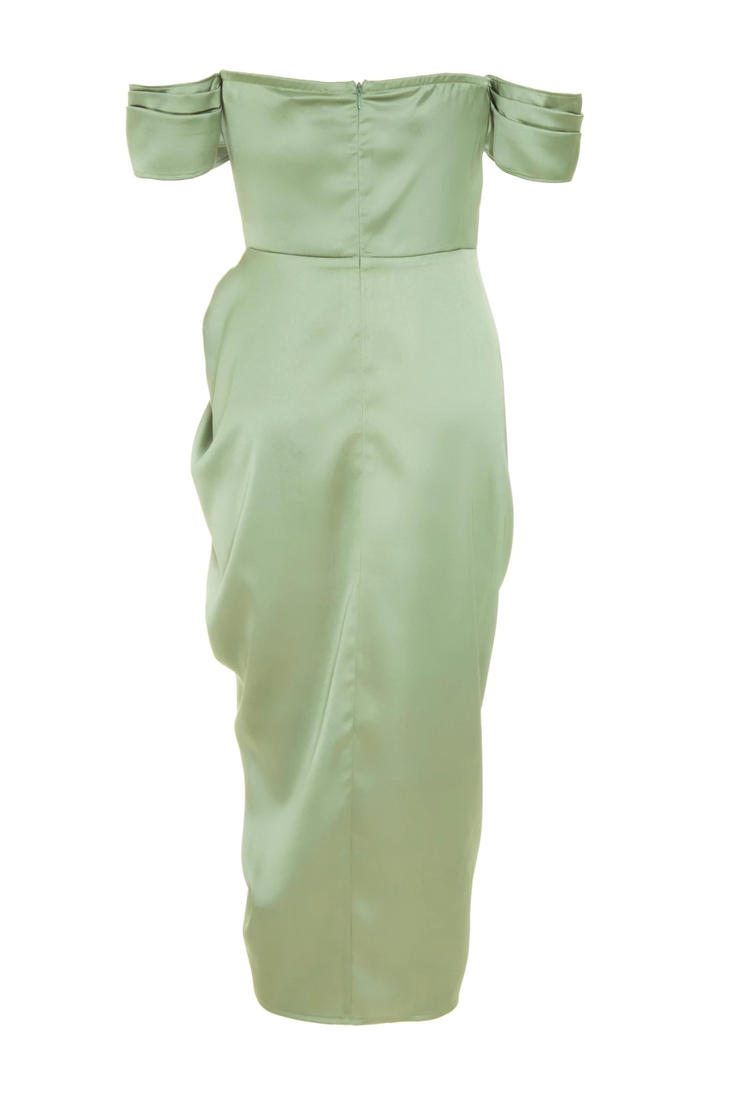 Sage Satin Ruched Bardot Midi Dress - Image 5