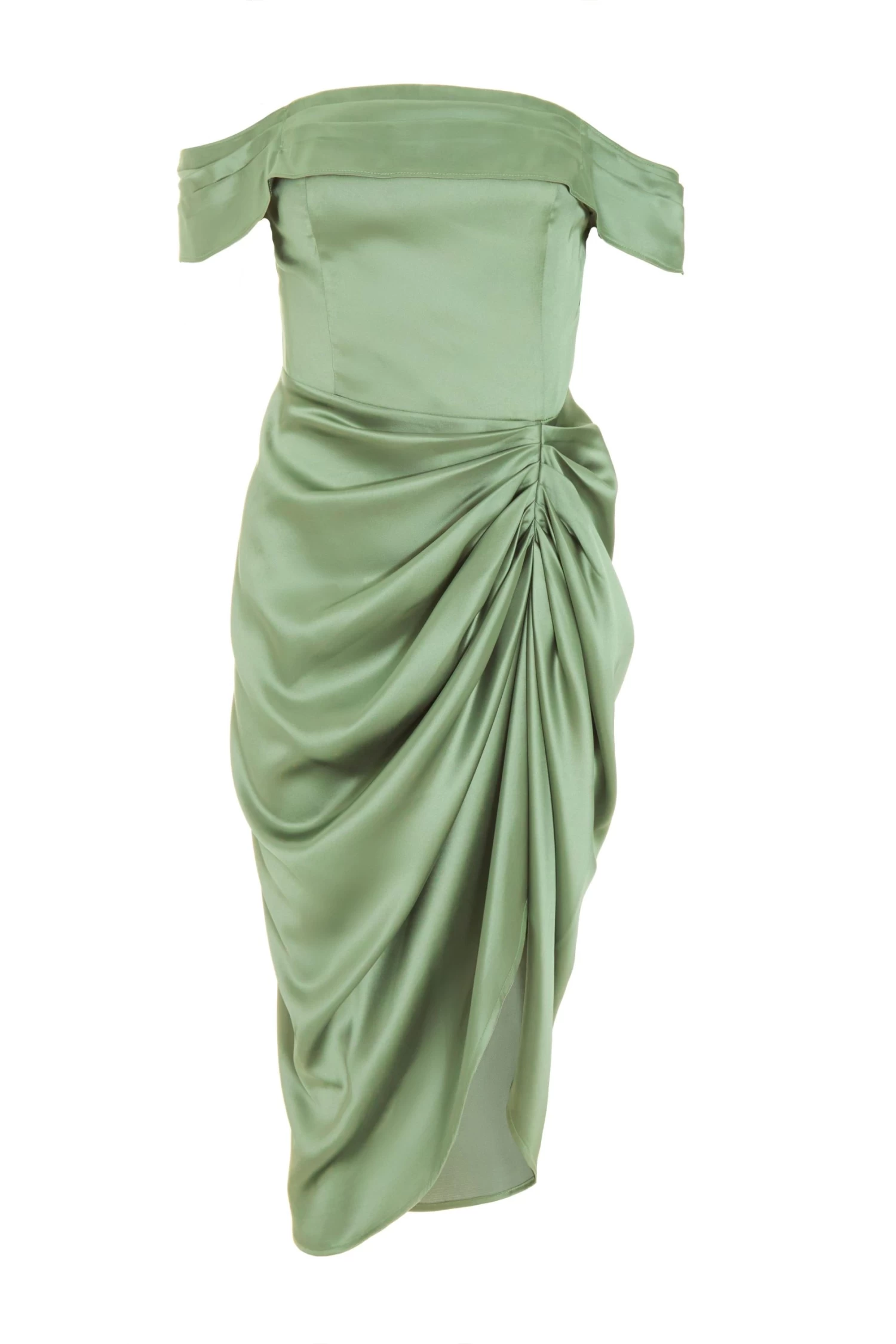 Sage Satin Ruched Bardot Midi Dress