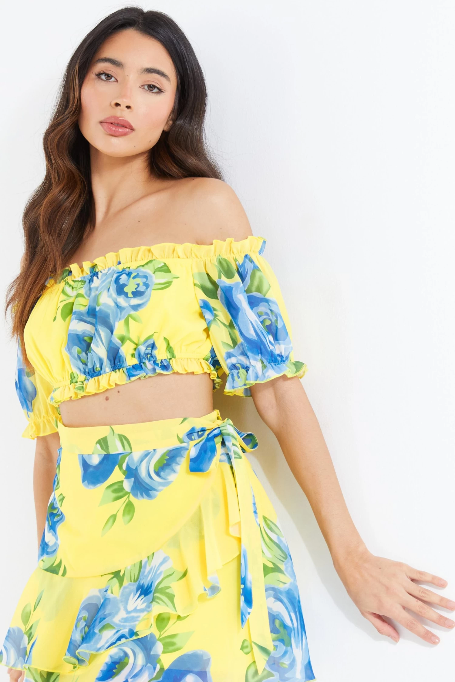 Yellow Floral Bardot Crop Top - Image 2