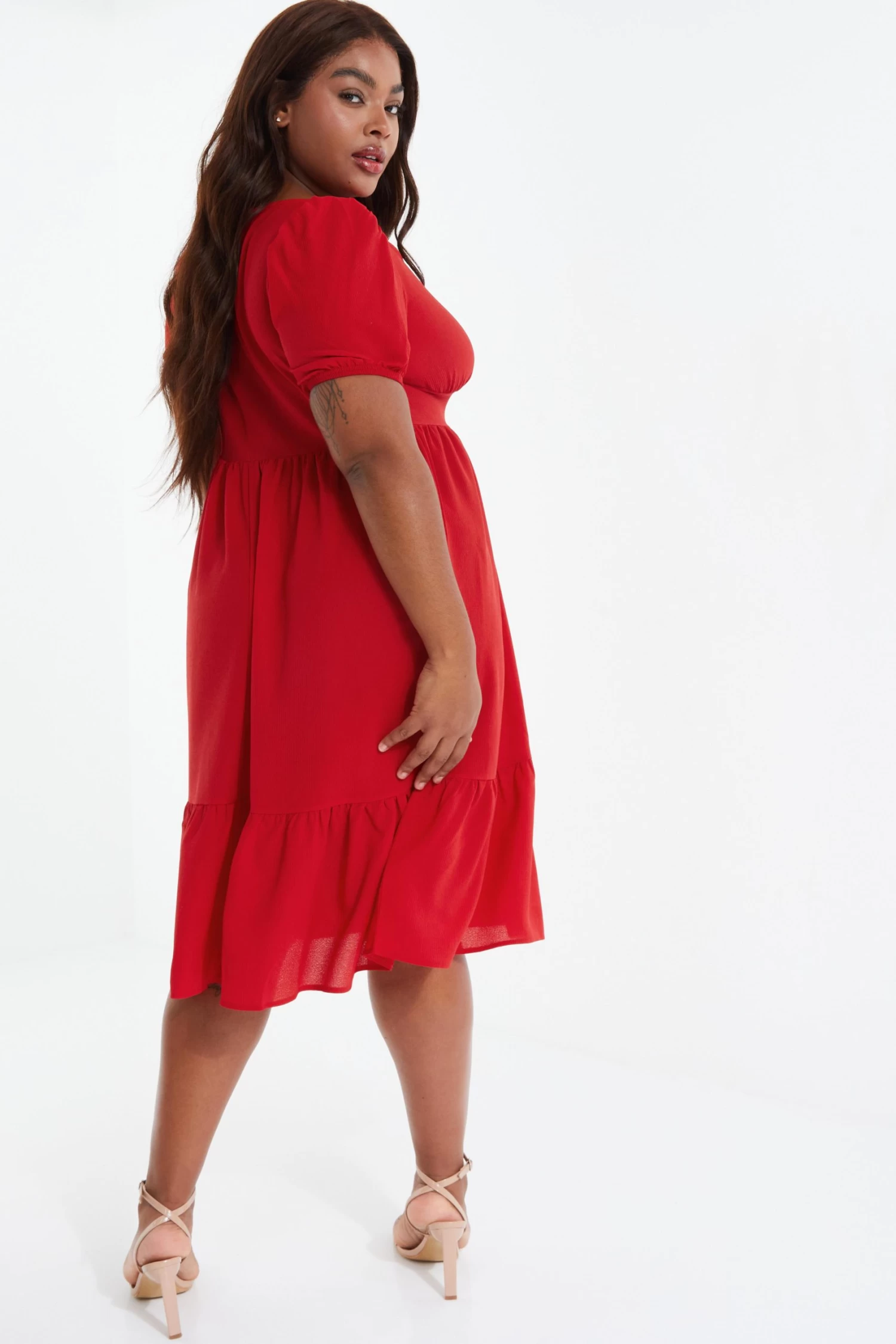 Curve Red Tiered Puff Sleeve Midi Dress - Image 3