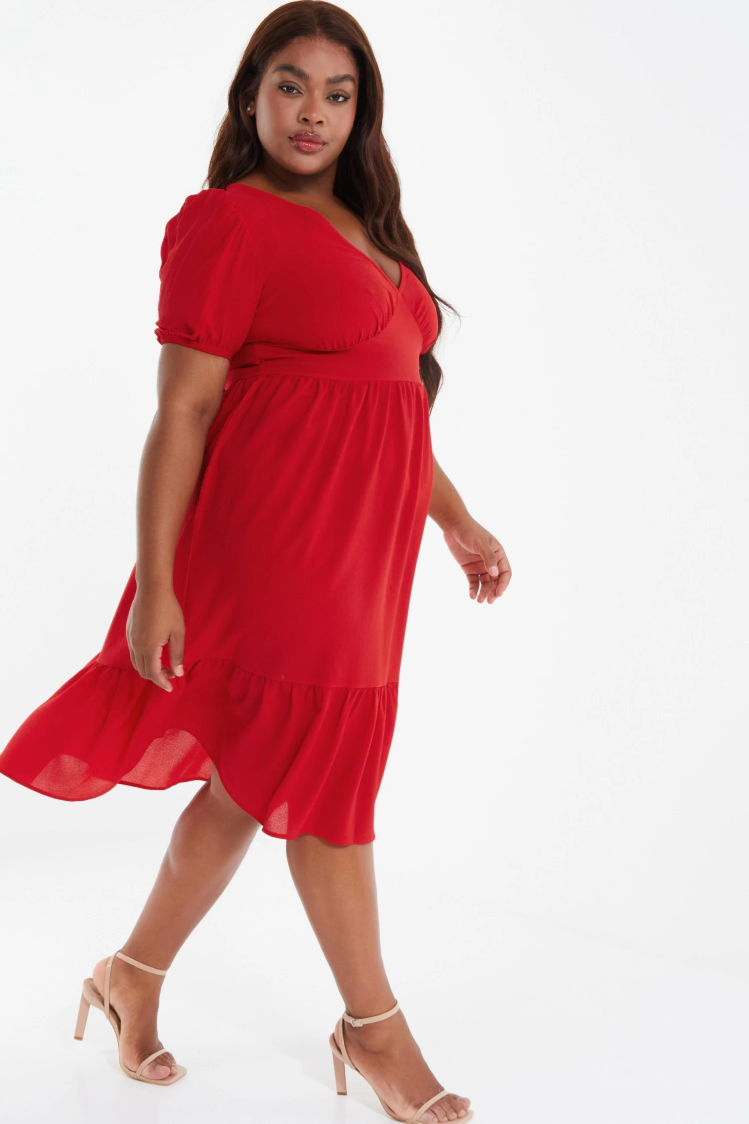 Curve Red Tiered Puff Sleeve Midi Dress - Image 4