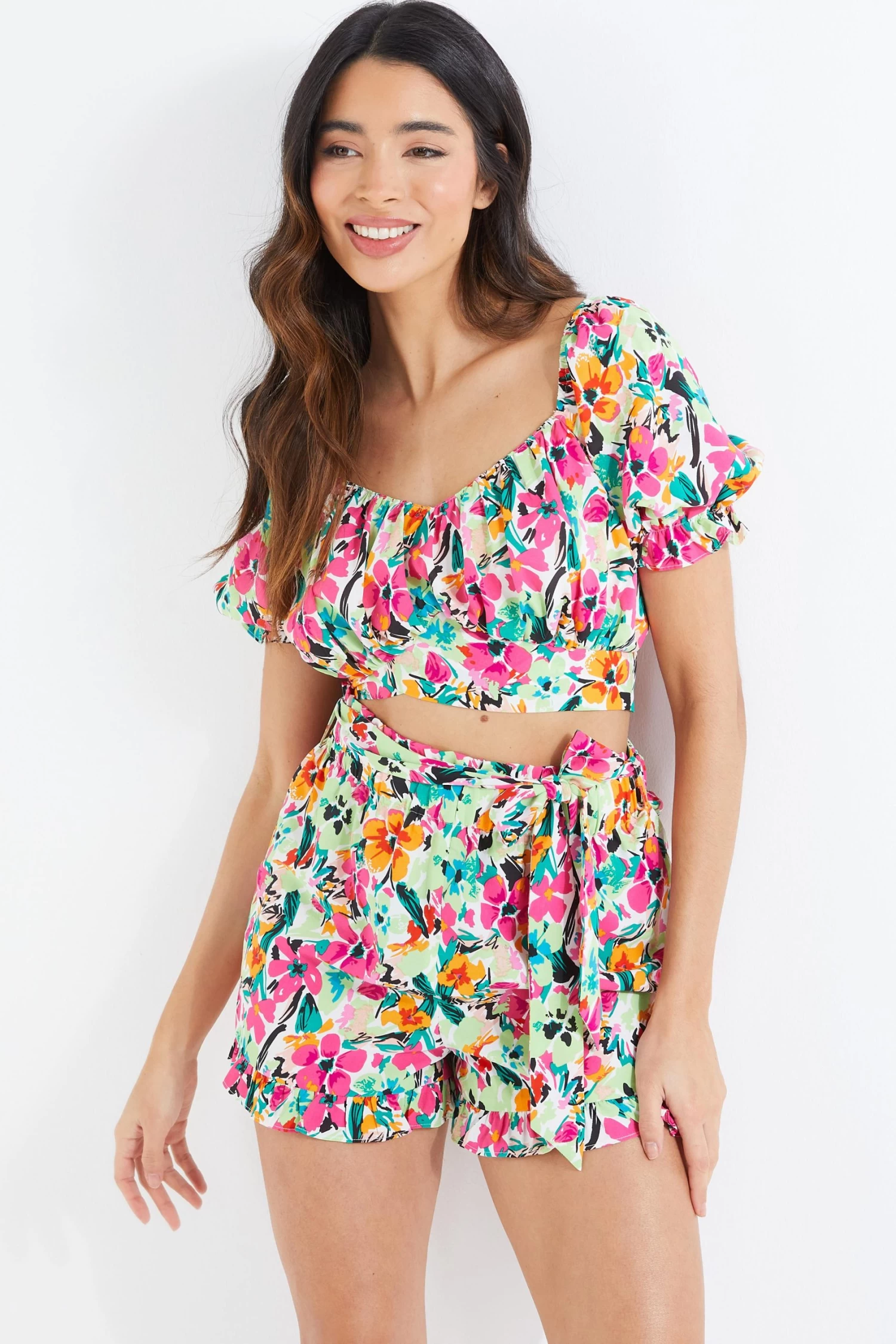 Multicoloured Floral Tie Waist Shorts - Image 2