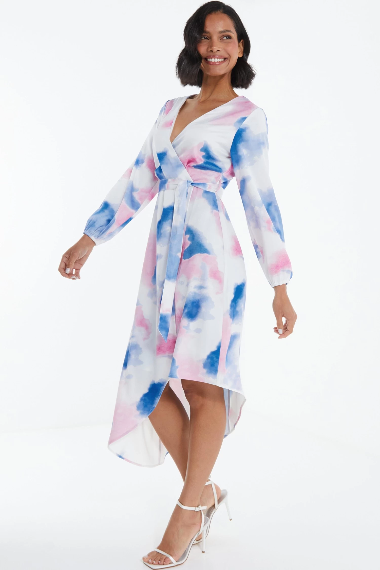 Blue Satin Asymmetric Hem Midi Dress - Image 4