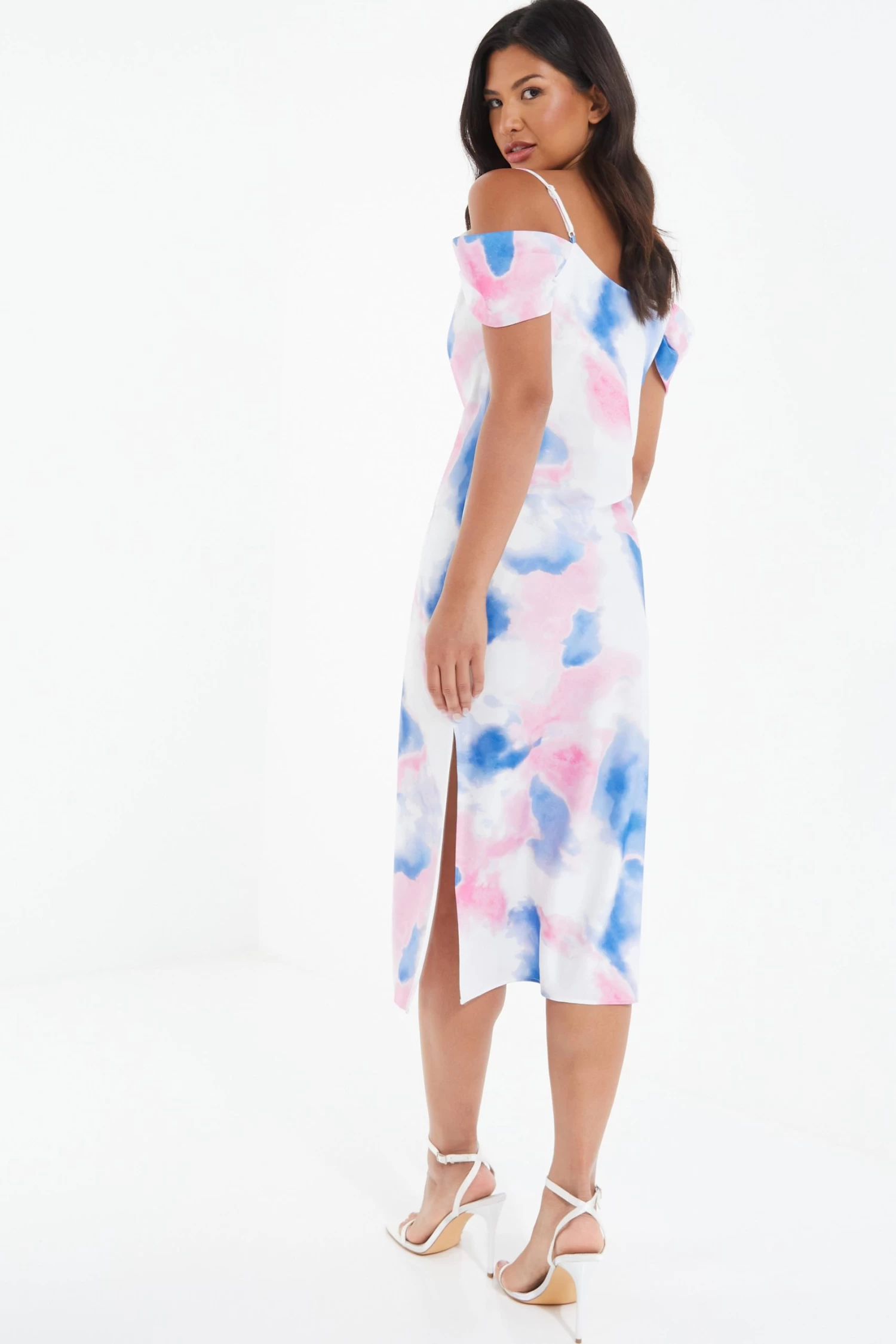 Blue Satin Marble Print Midi Dress - Image 3