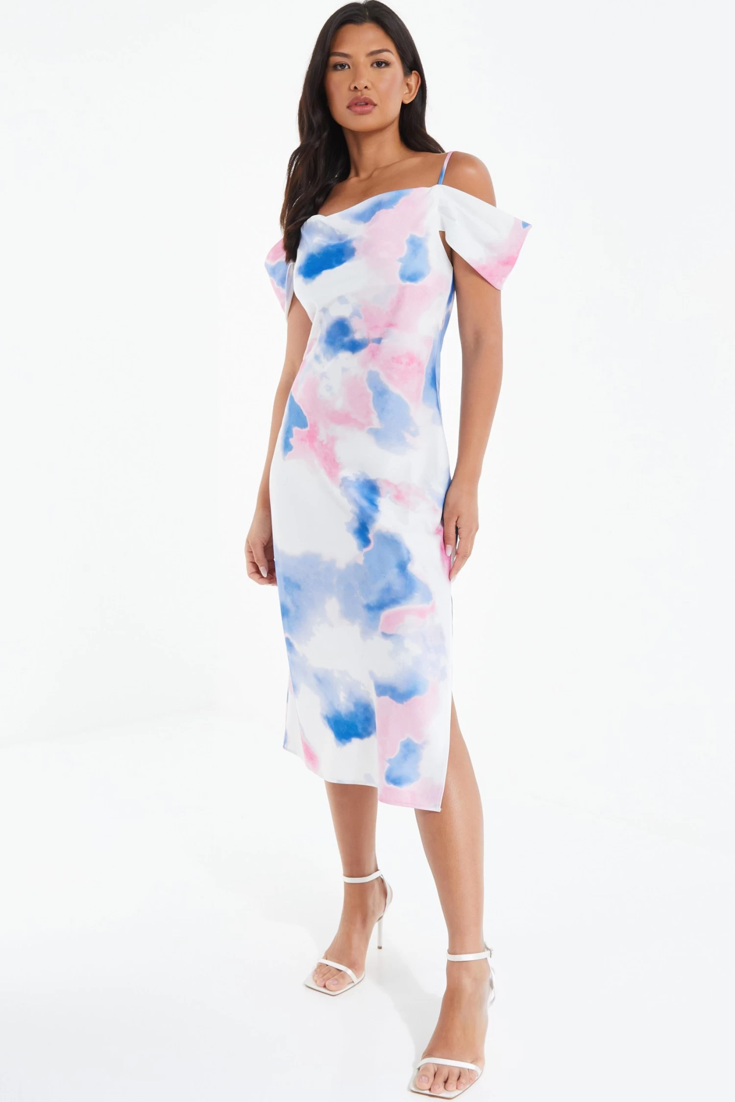Blue Satin Marble Print Midi Dress - Image 2