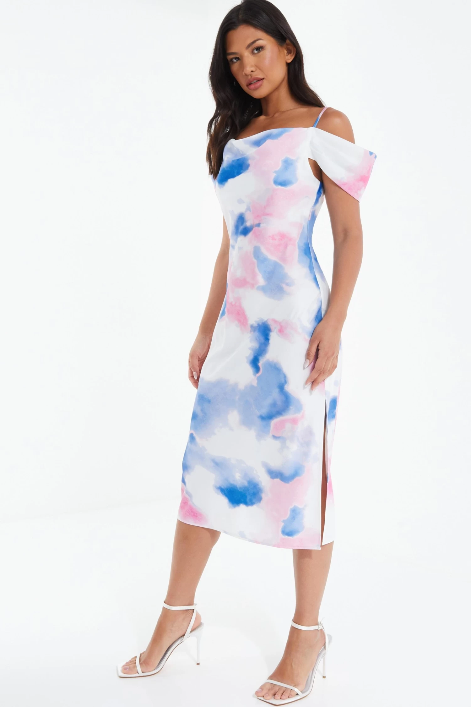 Blue Satin Marble Print Midi Dress - Image 4