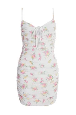 White Ditsy Floral Ruched Mini Dress