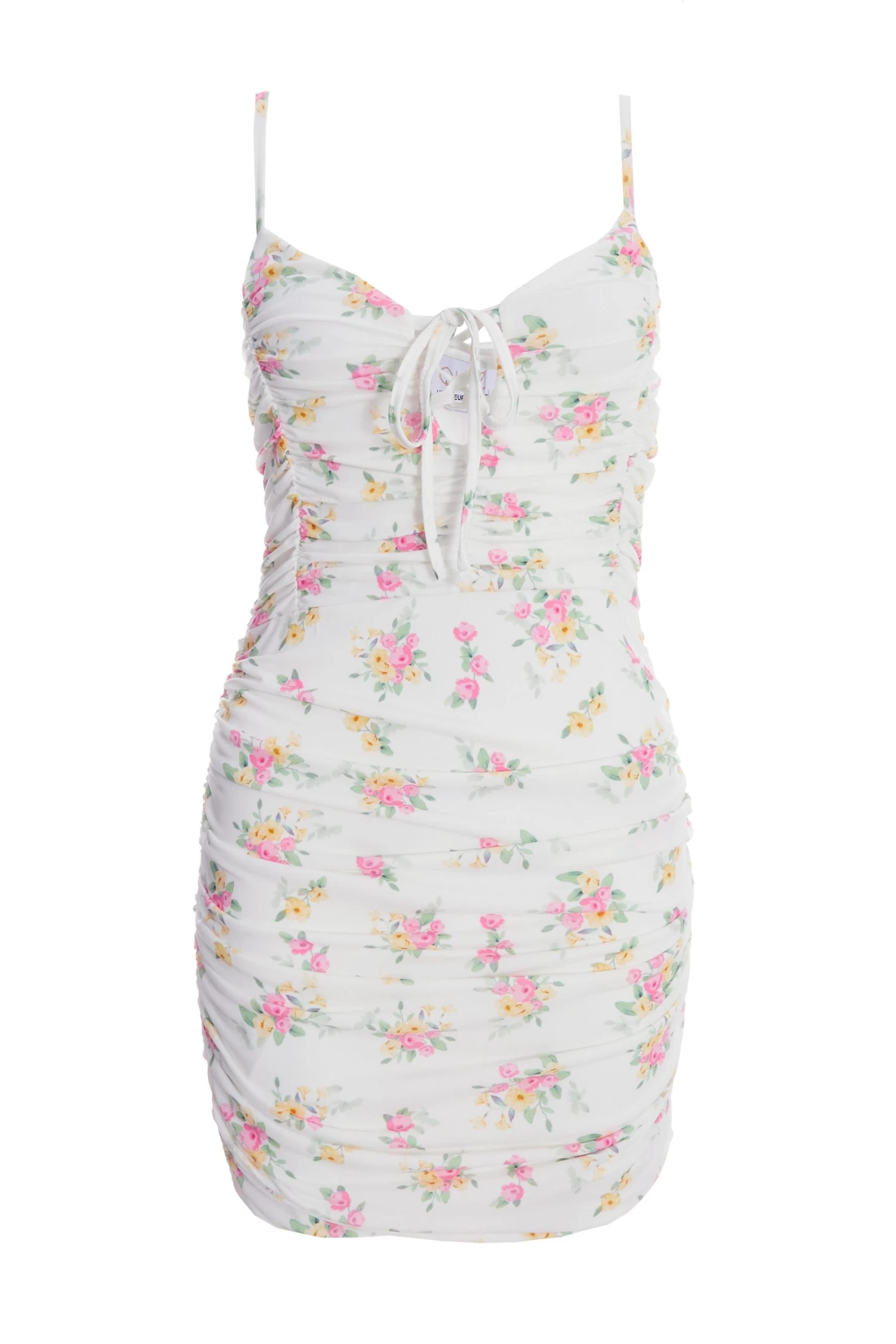 White Ditsy Floral Ruched Mini Dress