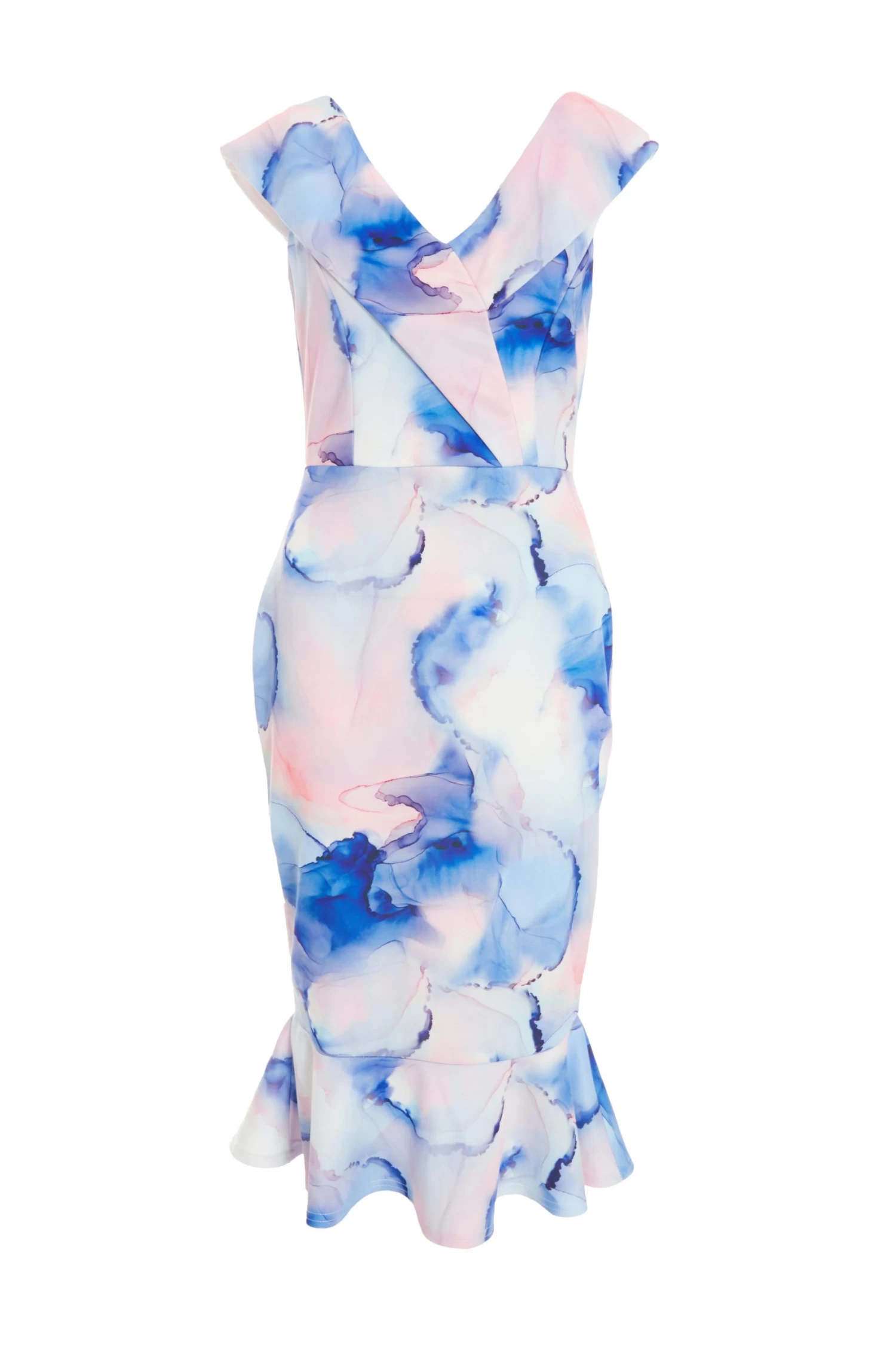 Blue Marble Print Bardot Midi Dress