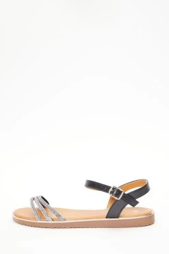 Black Diamante Flat Sandals