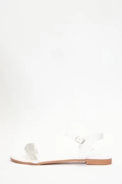 White Faux Leather Diamante Flat Sandals