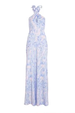 Blue Marble Print Halter Neck Maxi Dress