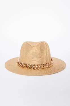 Tan Straw Chain Fedora Hat