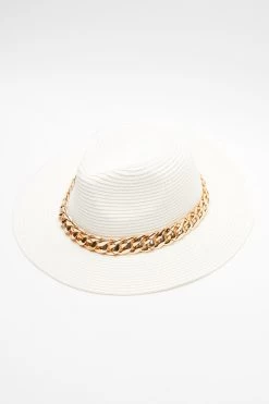 White Straw Chain Fedora Hat