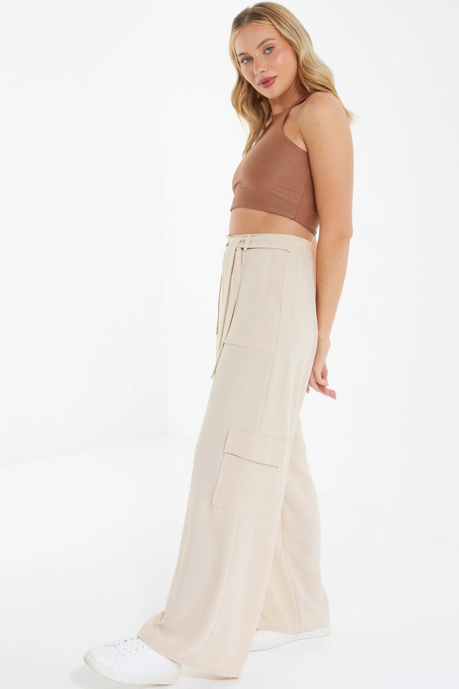 Stone Wide Leg Cargo Trousers - Image 4