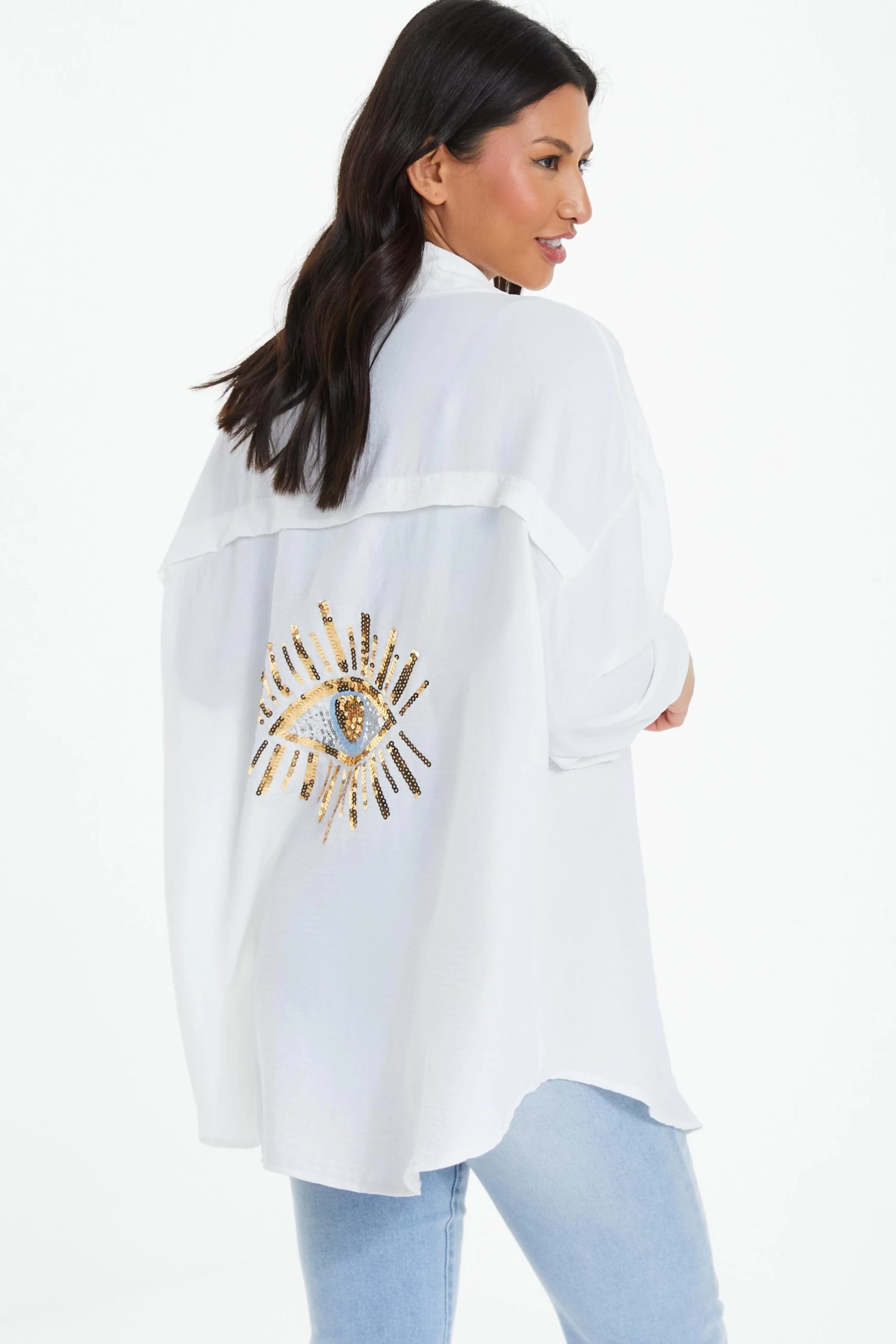 Oversized White Sequin Eye Detail Shirt - Image 2
