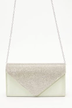 Sage Satin Diamante Clutch Bag