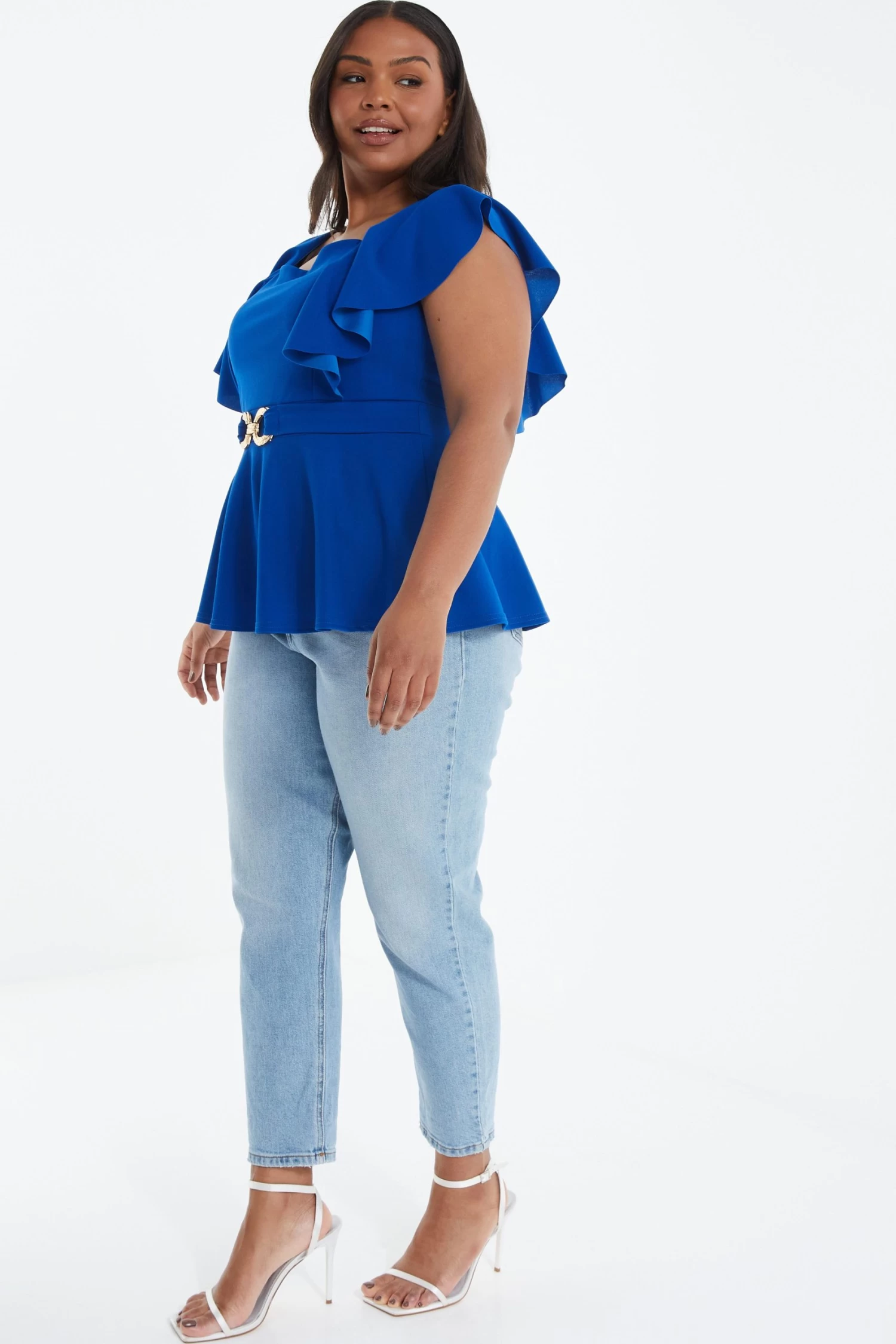 Curve Royal Blue Frill Sleeve Peplum Top - Image 4