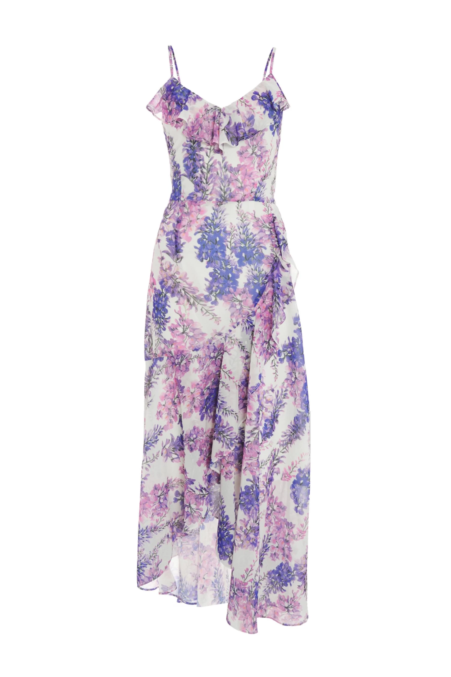 Purple Floral Print Frill Maxi Dress