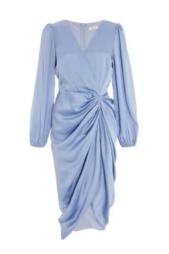 Blue Satin Ruched Midi Dress