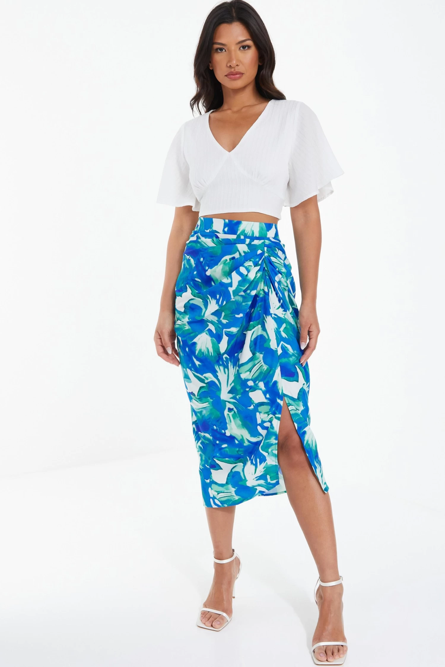 Blue Satin Tropical Print Ruched Midi Skirt - Image 2