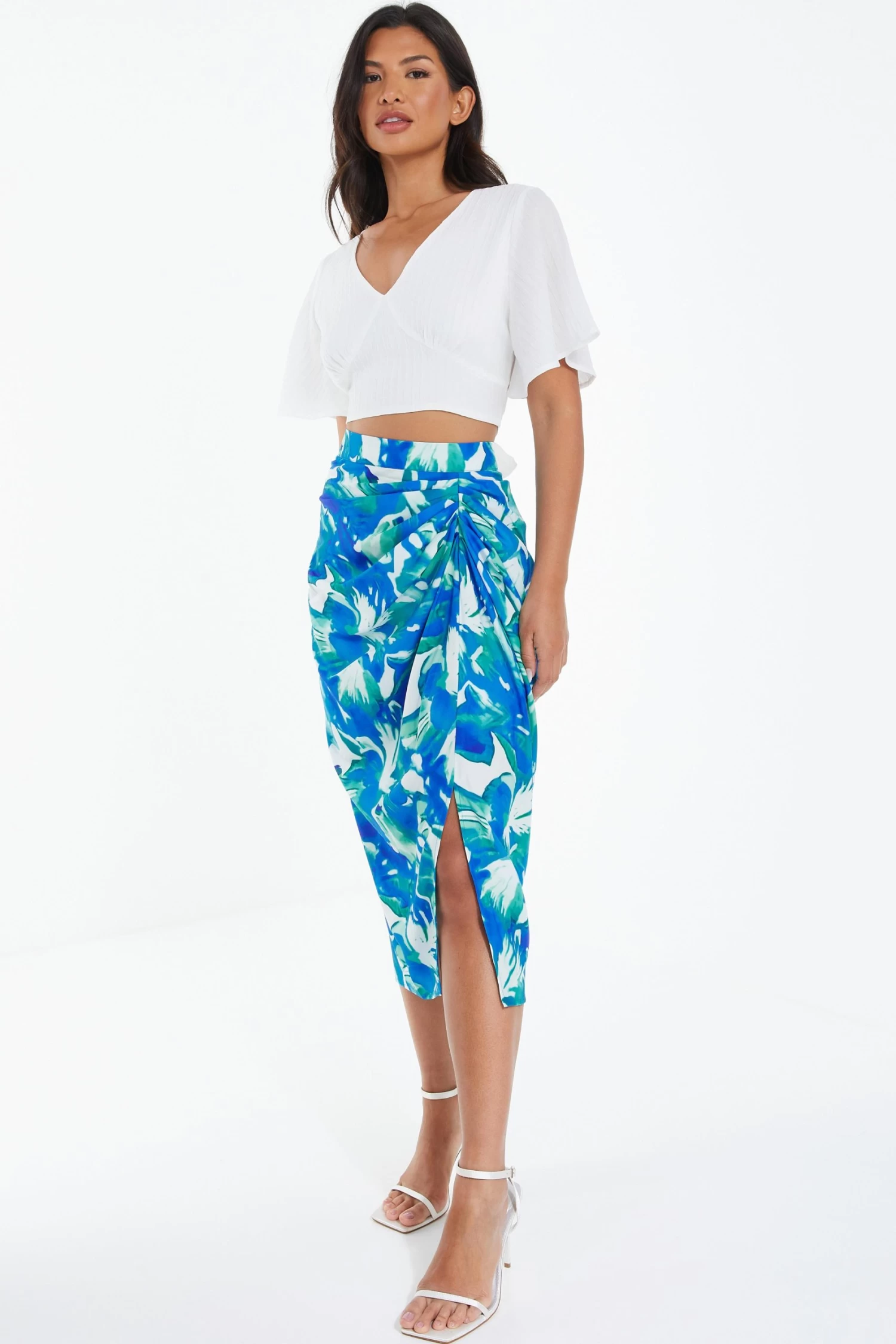Blue Satin Tropical Print Ruched Midi Skirt - Image 4