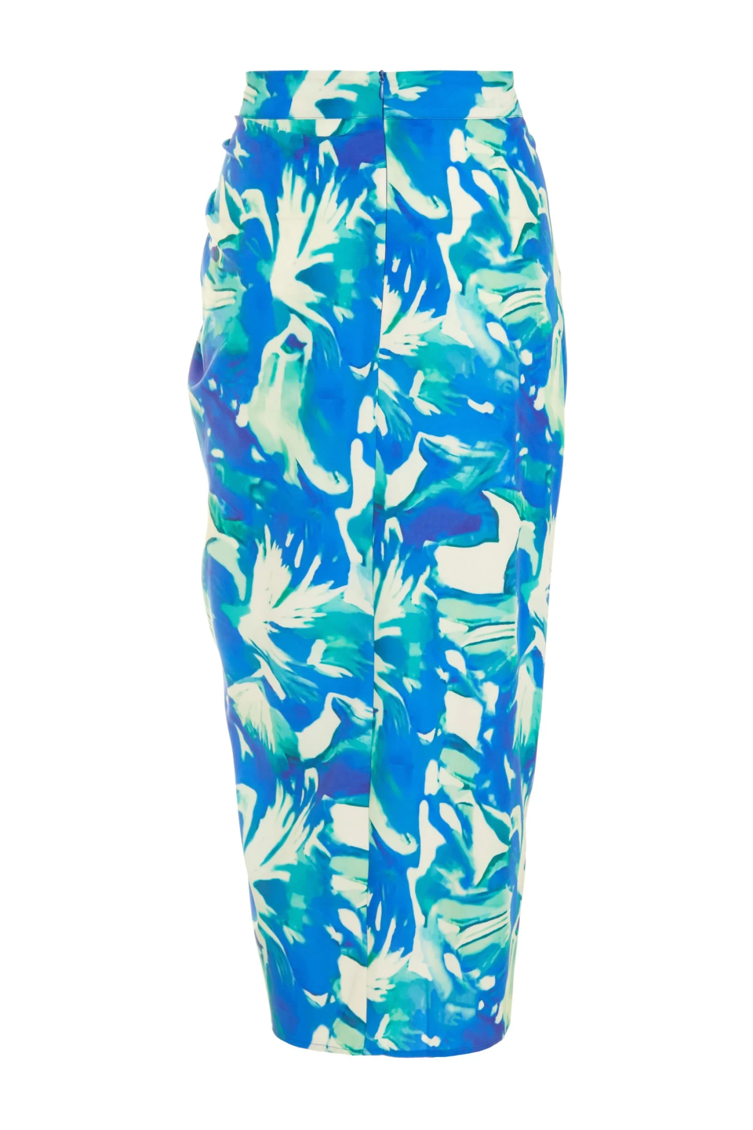 Blue Satin Tropical Print Ruched Midi Skirt - Image 5