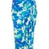Blue Satin Tropical Print Ruched Midi Skirt