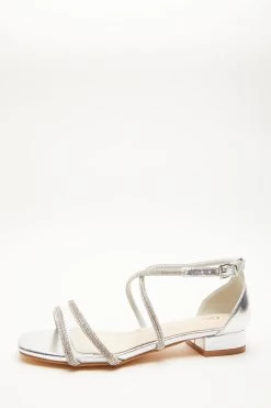Wide Fit Silver Diamante Flat Sandals