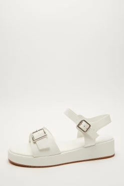 White Faux Leather Buckle Flatform Sandal