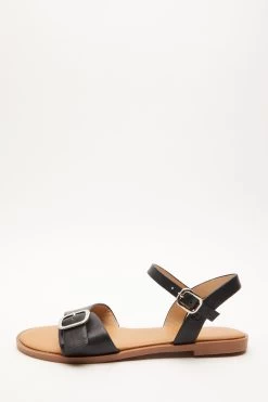 Black Faux Leather Buckle Flat Sandals