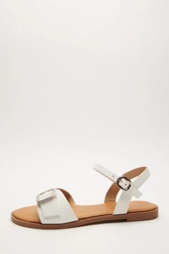 White Faux Leather Buckle Flat Sandals
