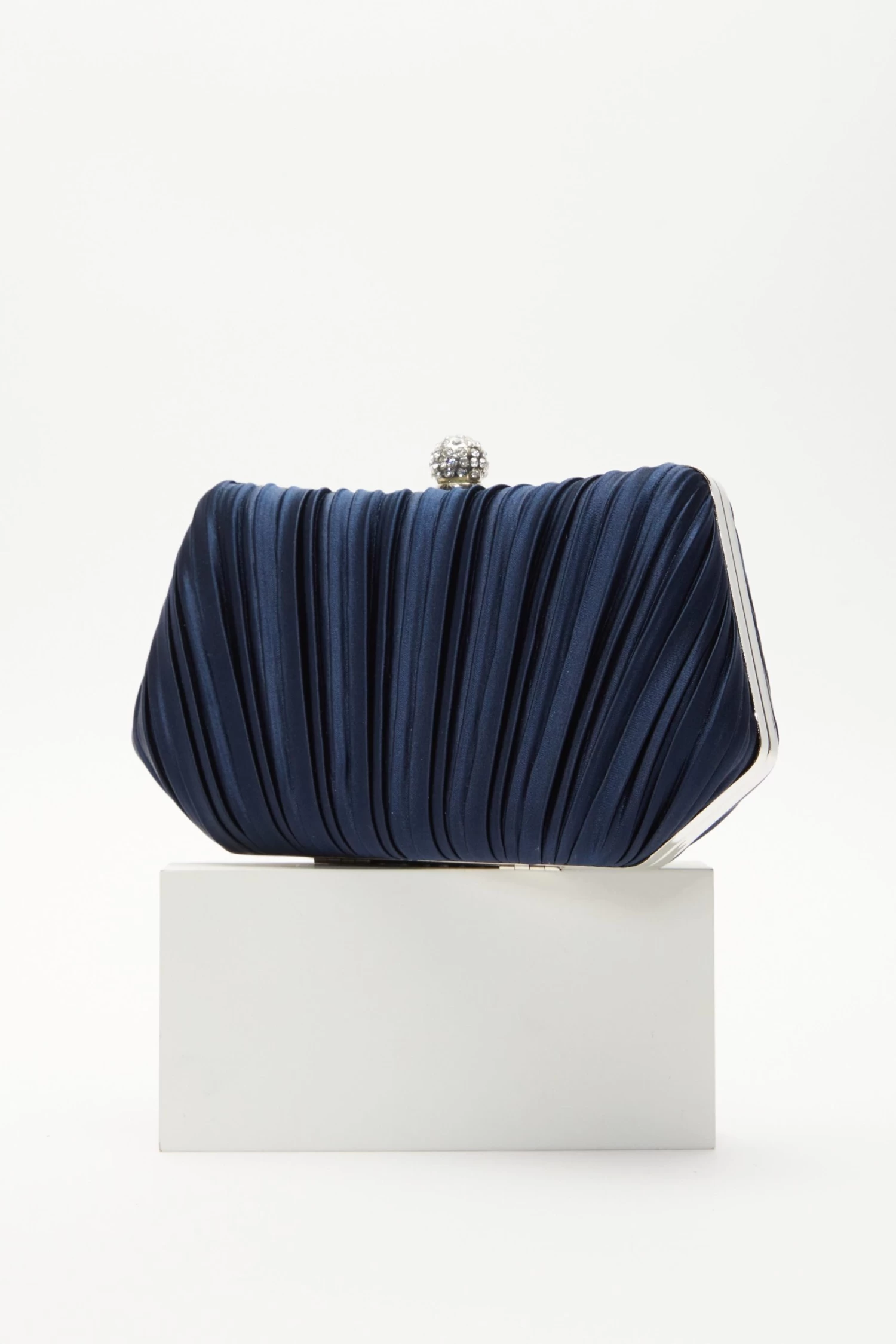 Navy Satin Pleated Box Bag - Image 4