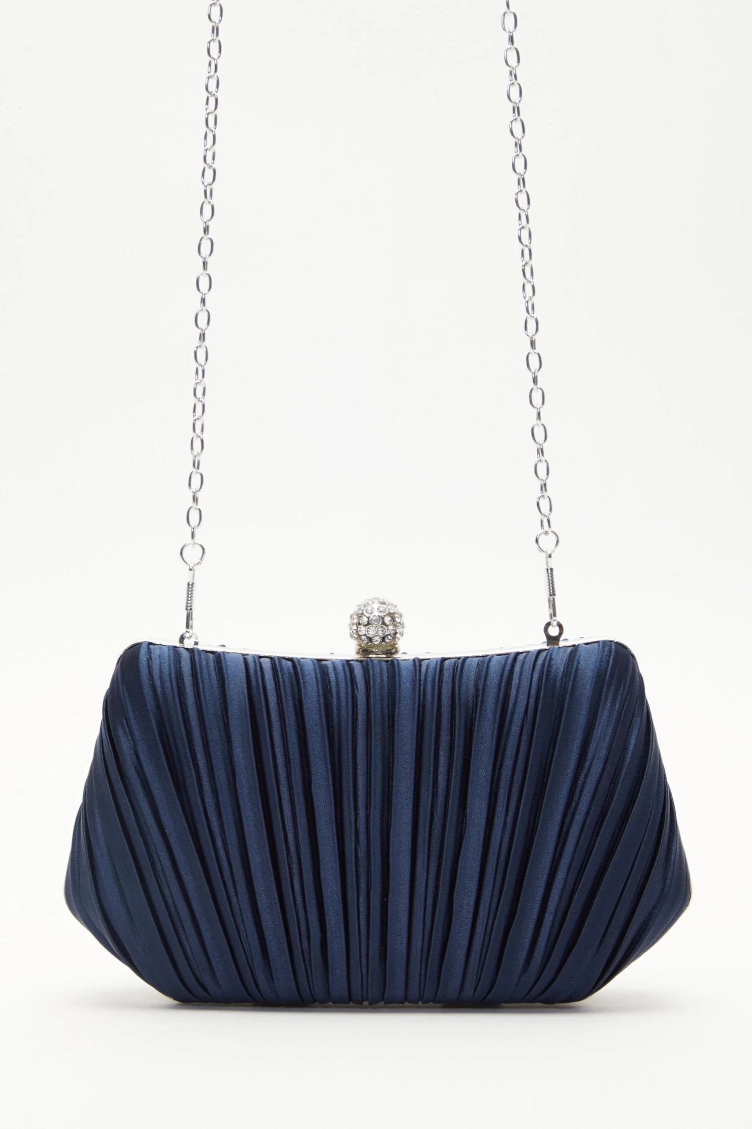 Navy Satin Pleated Box Bag
