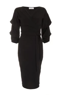Black Wrap Tie Midi Dress